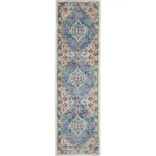 Ivory and Blue Floral Motifs Runner Rug Photo 1