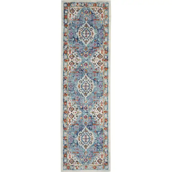 8' Ivory And Blue Floral Distressed Runner Rug Photo 2