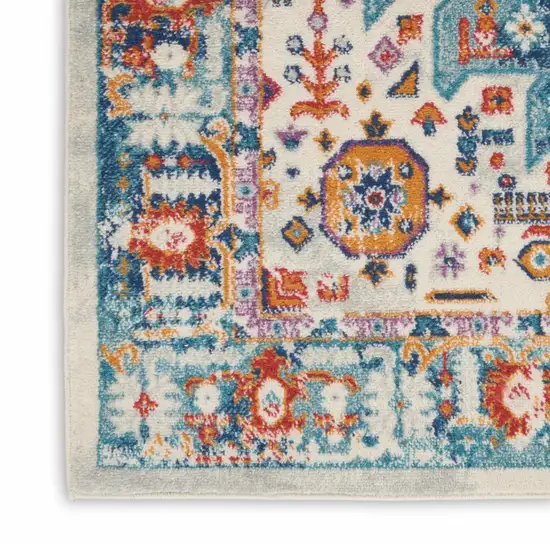 Ivory and Blue Floral Motifs Runner Rug Photo 4