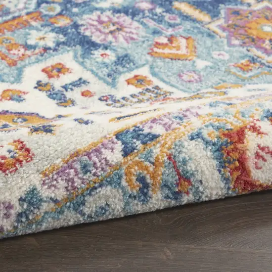 Ivory and Blue Floral Motifs Runner Rug Photo 3