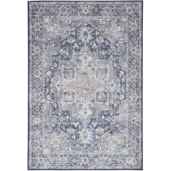 Ivory and Blue Floral Power Loom Distressed Area Rug Photo 2