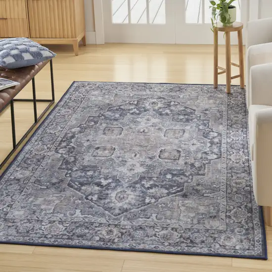 Ivory And Blue Floral Distressed Area Rug Photo 9