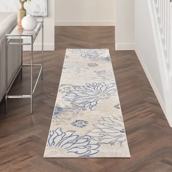 Ivory and Blue Floral Power Loom Distressed Runner Rug Photo 8