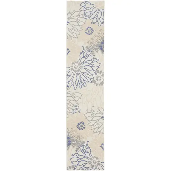 Ivory and Blue Floral Power Loom Distressed Runner Rug Photo 2