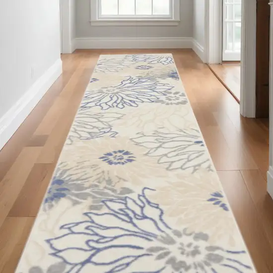 Ivory and Blue Floral Power Loom Distressed Runner Rug Photo 1