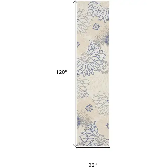 Ivory and Blue Floral Power Loom Distressed Runner Rug Photo 3