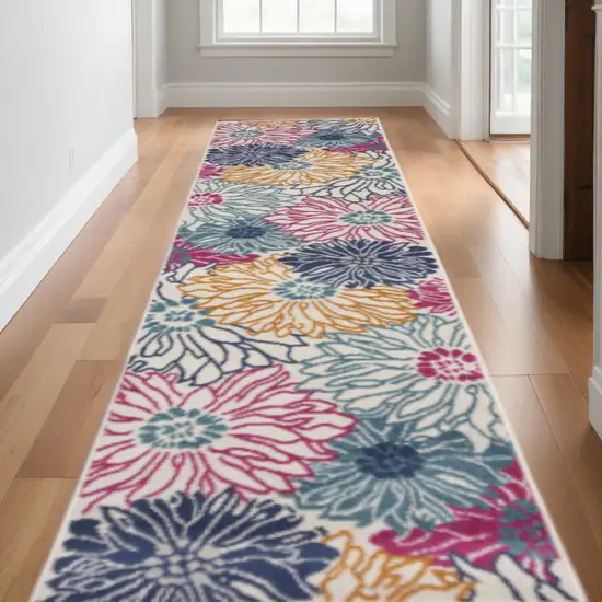 Ivory and Blue Floral Power Loom Runner Rug Photo 1