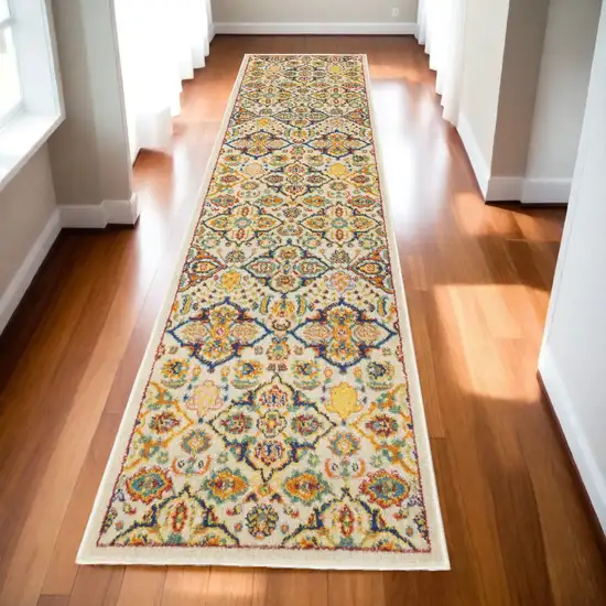 Ivory and Blue Floral Power Loom Runner Rug Photo 1