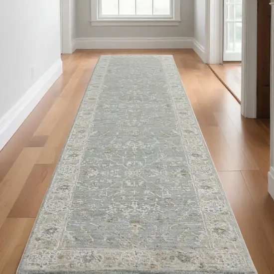 Ivory and Blue Floral Power Loom Runner Rug Photo 1