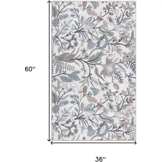 Ivory and Blue Floral Power Loom Washable Non Skid Area Rug Photo 3