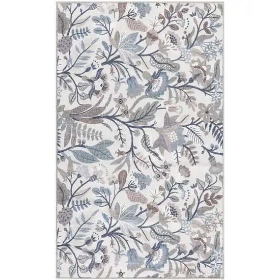 Ivory and Blue Floral Power Loom Washable Non Skid Area Rug Photo 2