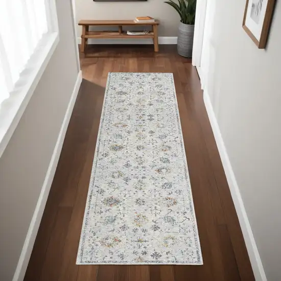 Ivory and Blue Floral Runner Rug Photo 1