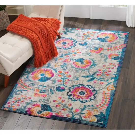 Ivory and Blue Floral Vines Area Rug Photo 5