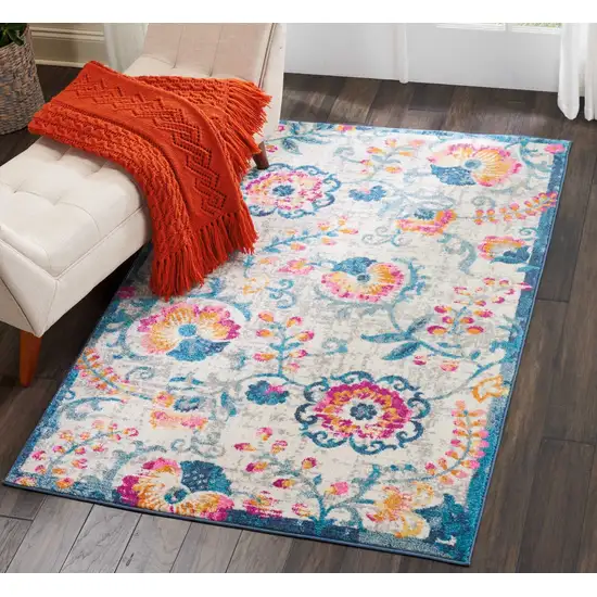 Ivory and Blue Floral Vines Area Rug Photo 4