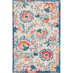 Photo of Ivory and Blue Floral Vines Area Rug