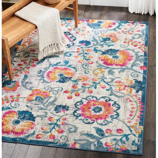 Ivory and Blue Floral Vines Area Rug Photo 5