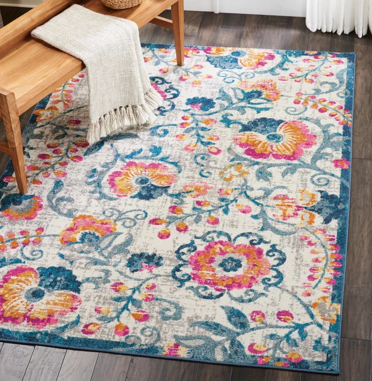 Ivory and Blue Floral Vines Area Rug Photo 5