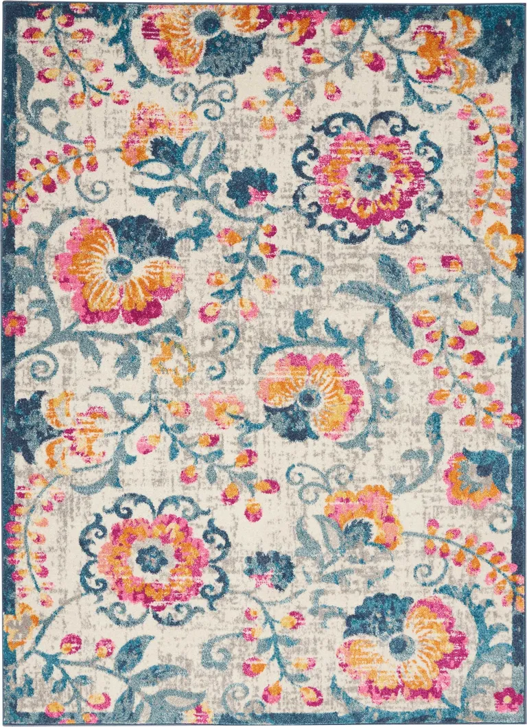 Ivory and Blue Floral Vines Area Rug Photo 1