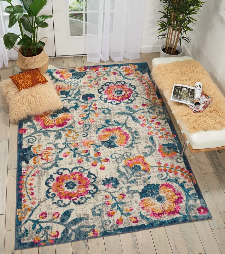 Ivory and Blue Floral Vines Area Rug Photo 4