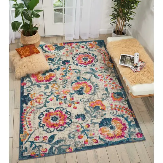 Ivory and Blue Floral Vines Area Rug Photo 4