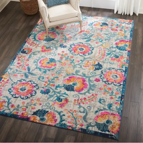 Ivory and Blue Floral Vines Area Rug Photo 6