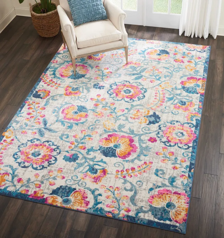 Ivory and Blue Floral Vines Area Rug Photo 5