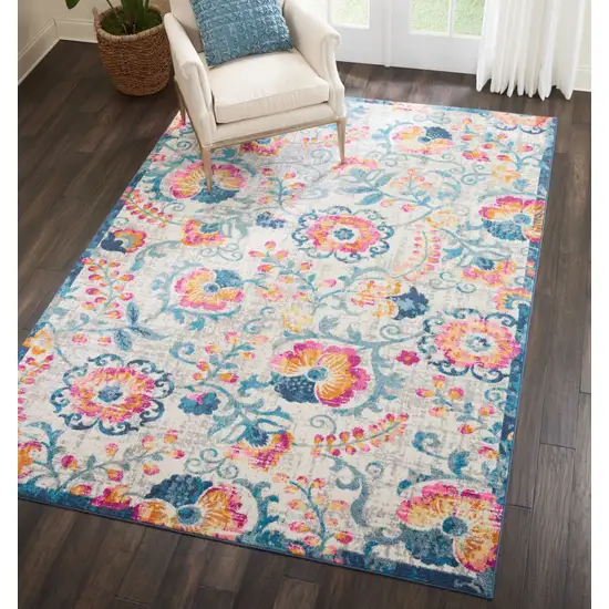 Ivory and Blue Floral Vines Area Rug Photo 5