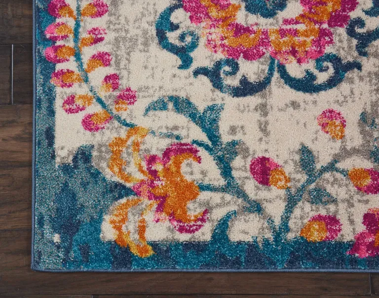 Ivory and Blue Floral Vines Area Rug Photo 2