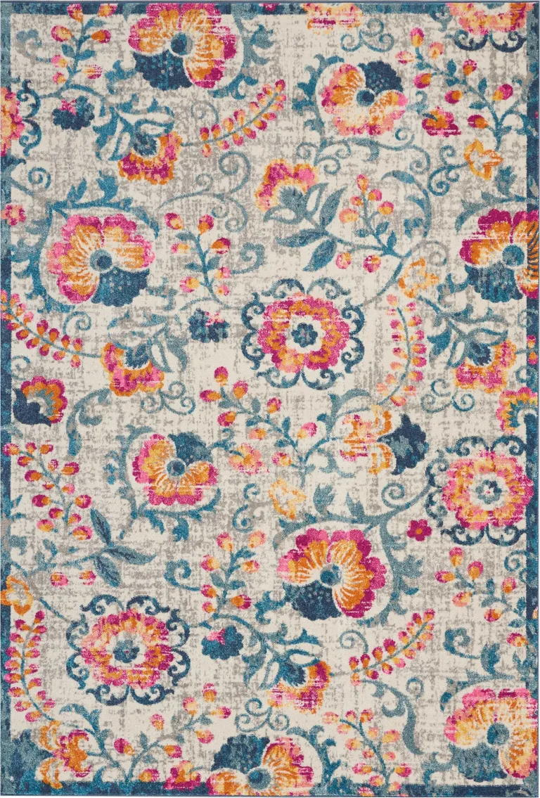 Ivory and Blue Floral Vines Area Rug Photo 1