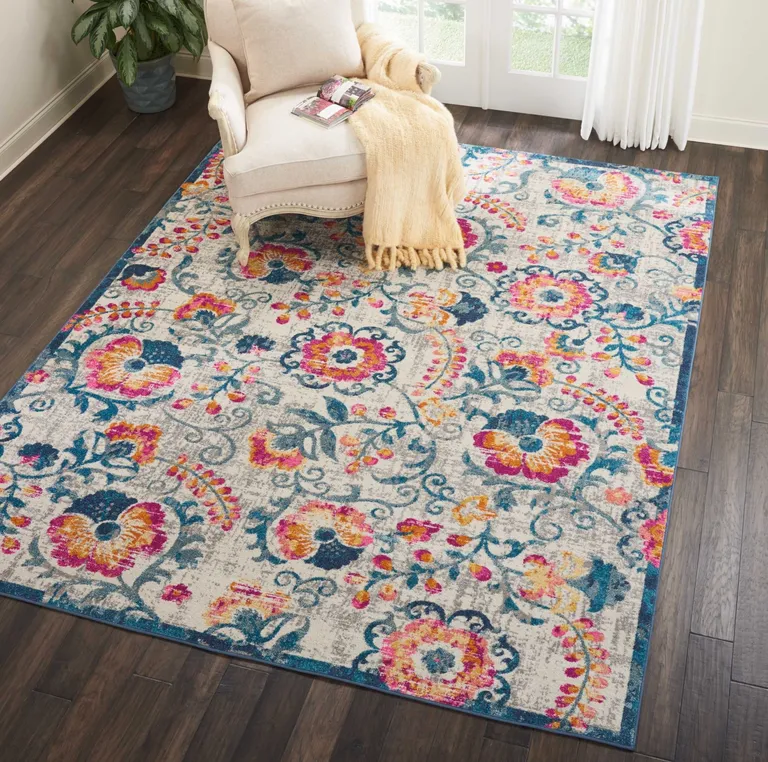 Ivory and Blue Floral Vines Area Rug Photo 1