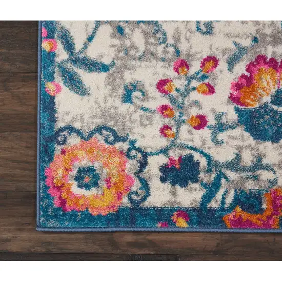 Ivory and Blue Floral Vines Runner Rug Photo 3