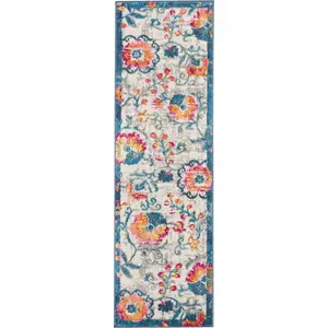 Photo of Ivory and Blue Floral Vines Runner Rug