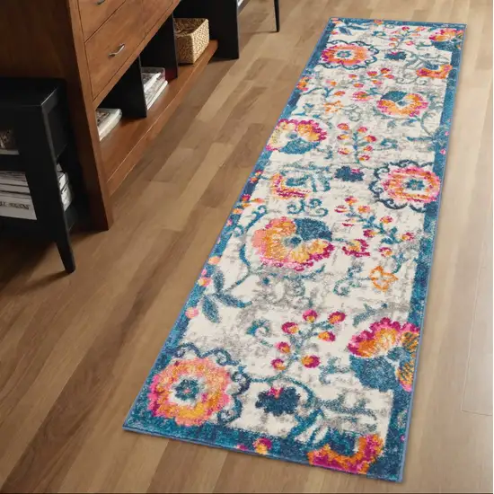 2' X 6' Ivory And Blue Floral Vines Runner Rug Photo 2