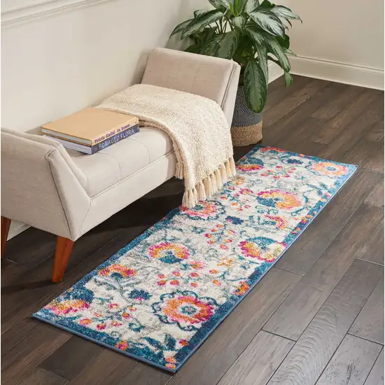 Ivory and Blue Floral Vines Runner Rug Photo 4