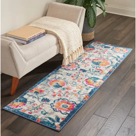 6' Ivory Floral Shag Power Loom Runner Rug Photo 6