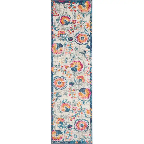 8' Ivory And Blue Floral Runner Rug Photo 1