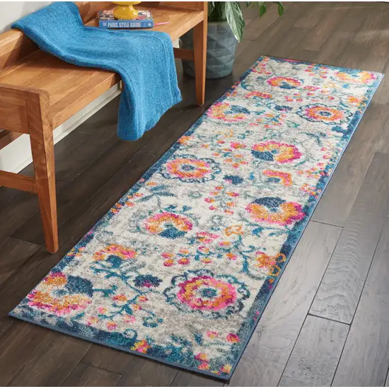 8' Ivory And Blue Floral Runner Rug Photo 6