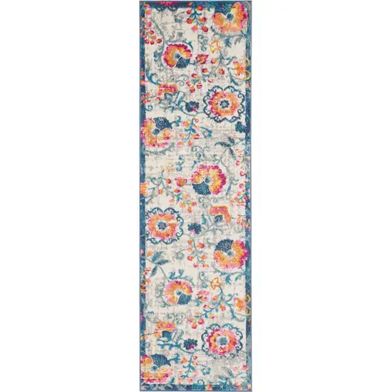 Ivory and Blue Floral Vines Runner Rug Photo 1