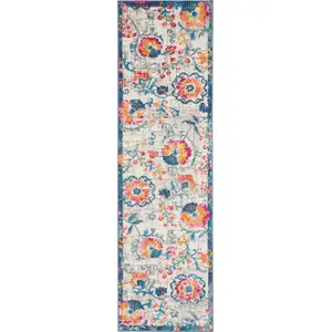 Photo of Ivory and Blue Floral Vines Runner Rug