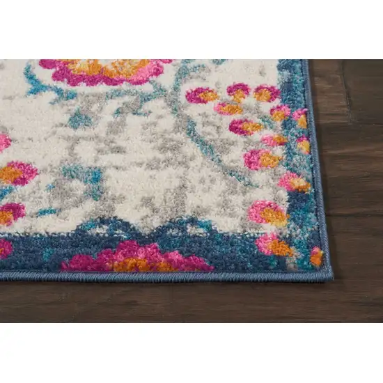 Ivory and Blue Floral Vines Runner Rug Photo 5