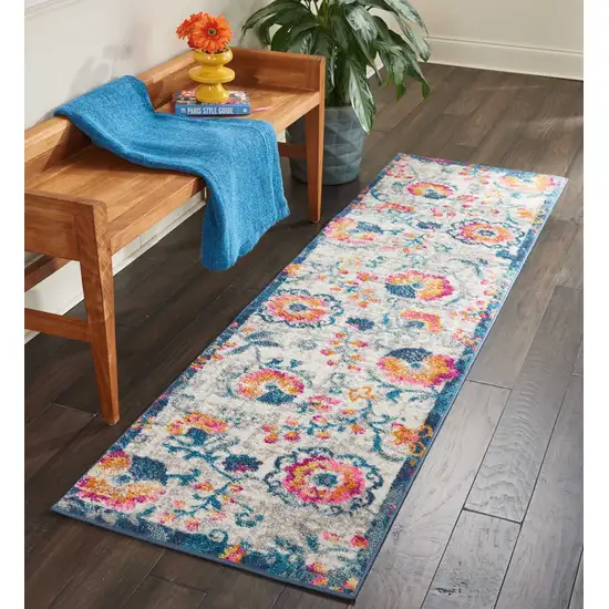 Ivory and Blue Floral Vines Runner Rug Photo 4