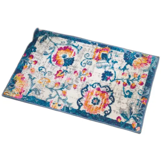 Ivory and Blue Floral Vines Scatter Rug Photo 4