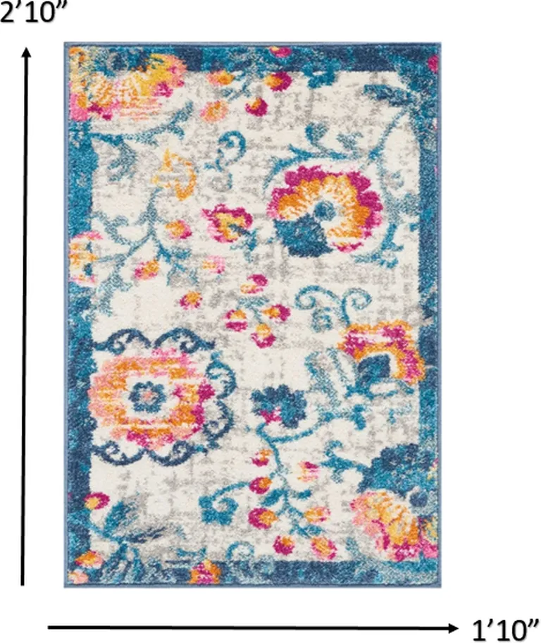 Ivory and Blue Floral Vines Scatter Rug Photo 1