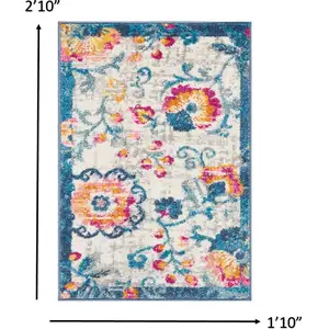 Photo of Ivory and Blue Floral Vines Scatter Rug