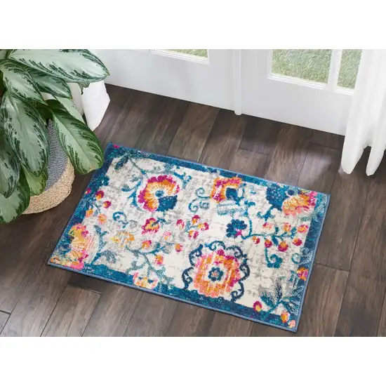 Ivory and Blue Floral Vines Scatter Rug Photo 5