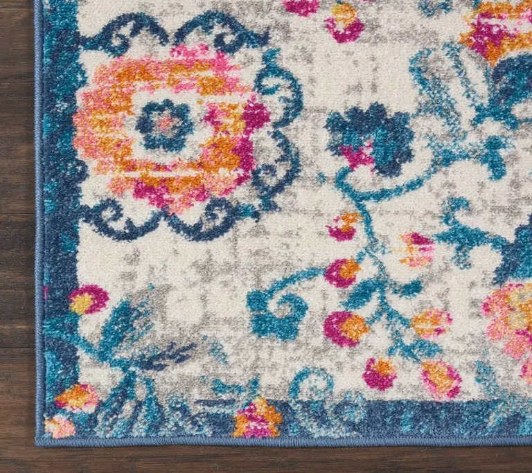 Ivory and Blue Floral Vines Scatter Rug Photo 3