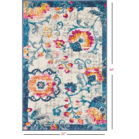 Ivory and Blue Floral Vines Scatter Rug Photo 8