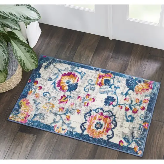 Ivory and Blue Floral Vines Scatter Rug Photo 6