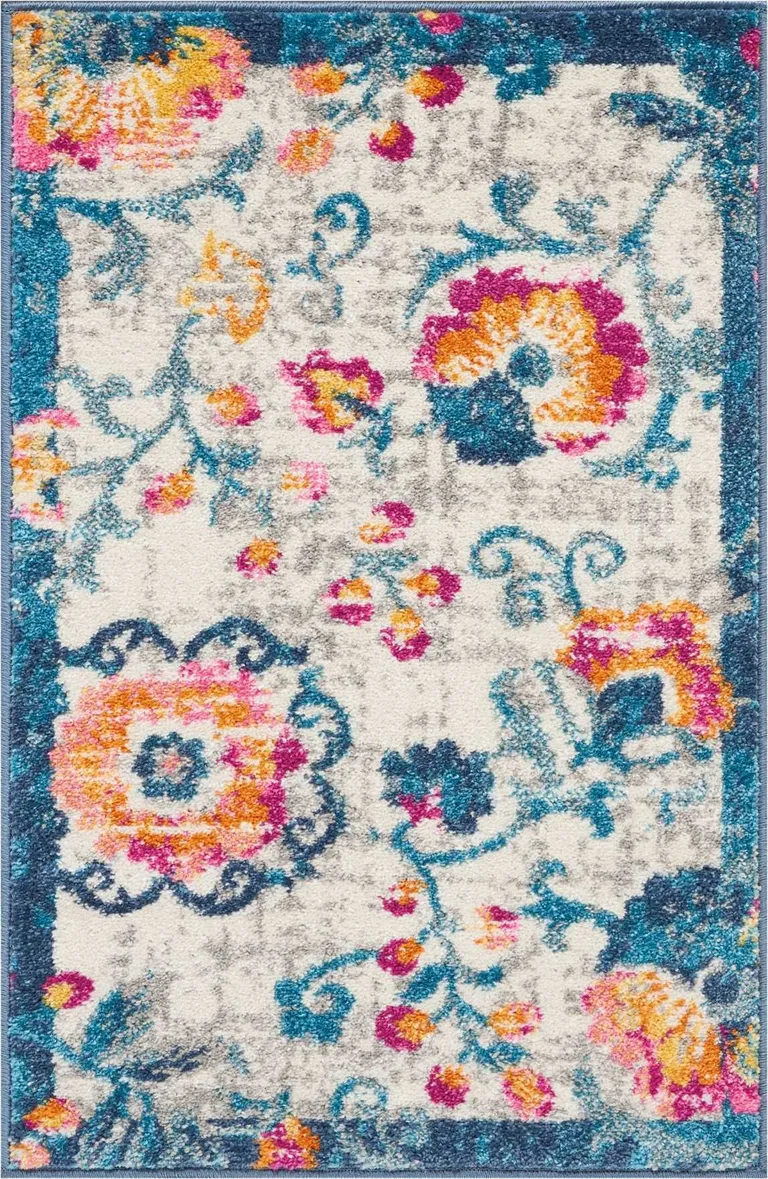 Ivory and Blue Floral Vines Scatter Rug Photo 2