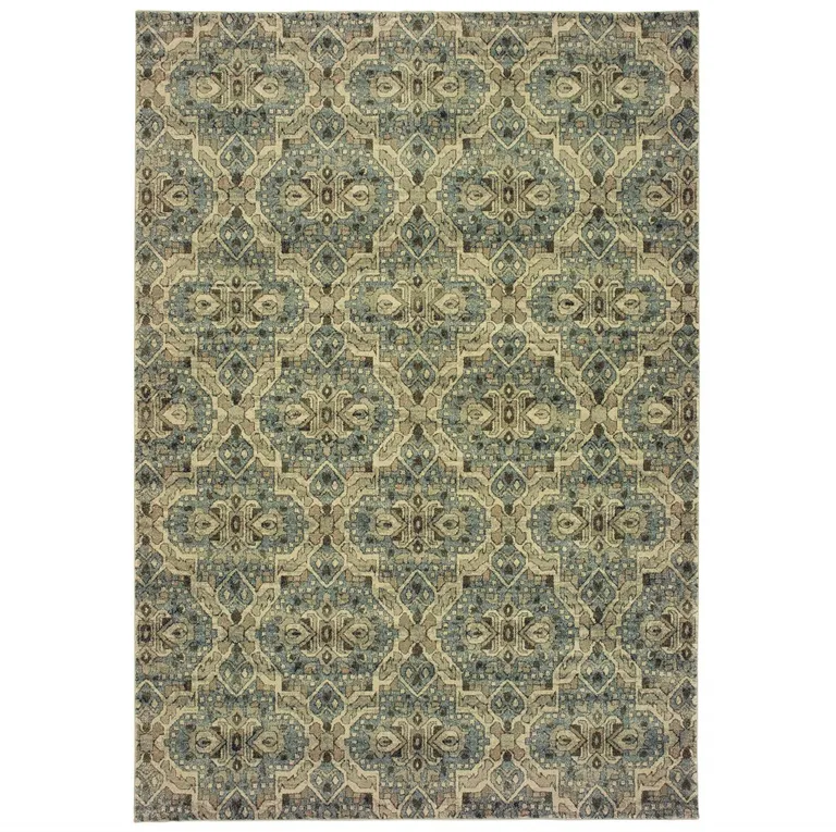 Ivory and Blue Geometric Area Rug Photo 2